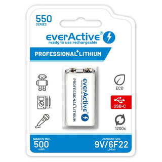 Akumulatorek 9V everActive 6F22 550 mAh Li-ion z USB-C